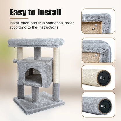 29" Cat Tree Tower for Indoor Cats Cat Condo with Sisal Scratching Posts, Plush Perch, Cat Bed Furniture, Beige