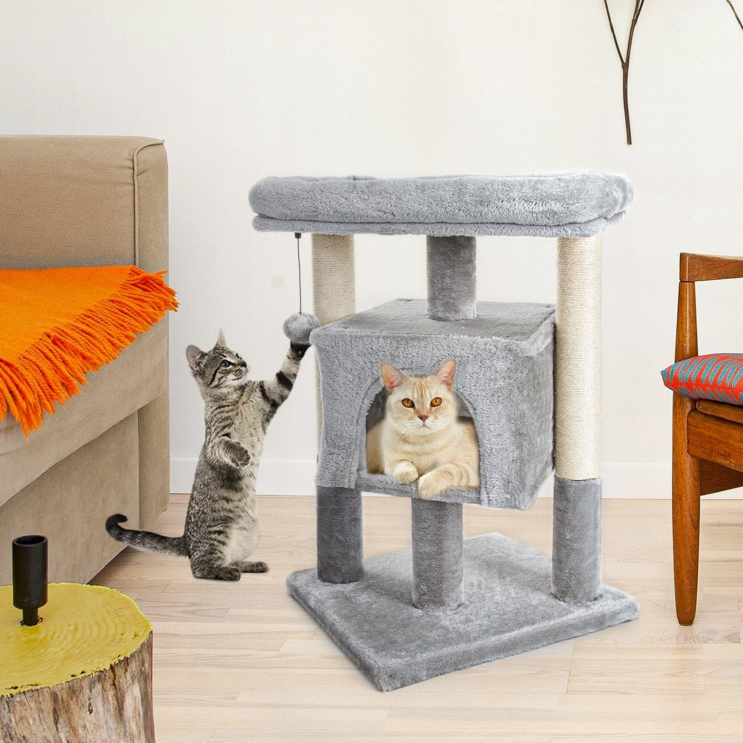 29" Cat Tree Tower for Indoor Cats Cat Condo with Sisal Scratching Posts, Plush Perch, Cat Bed Furniture, Beige